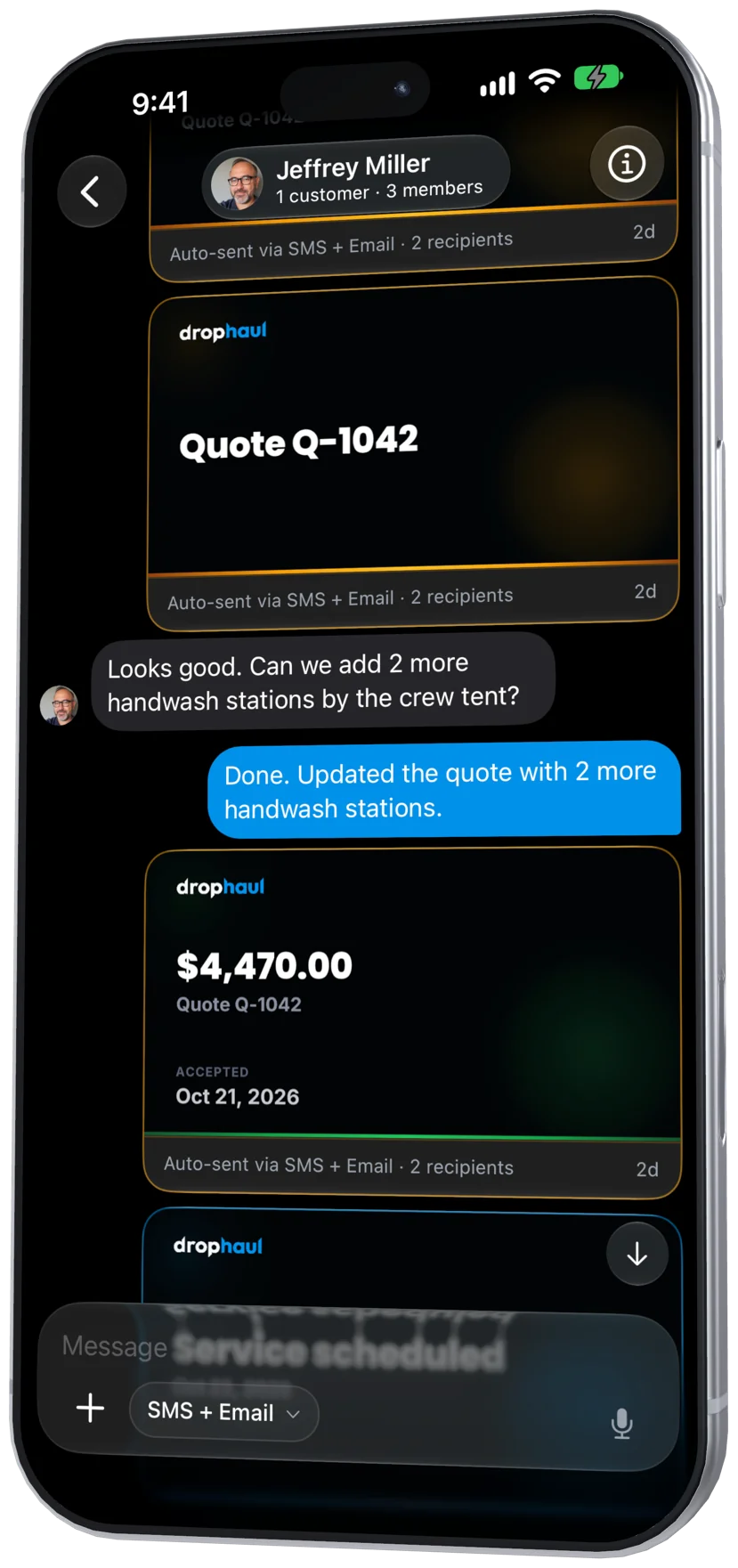 DropHaul customer chat on iPhone, where AutoShare posts each quote, invoice, and service update it sent by SMS and email