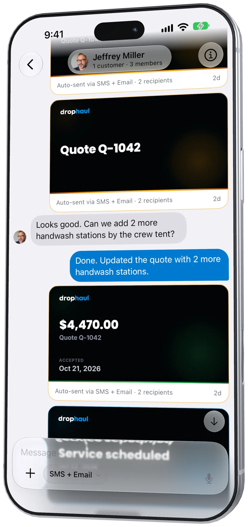 DropHaul customer chat on iPhone, where AutoShare posts each quote, invoice, and service update it sent by SMS and email