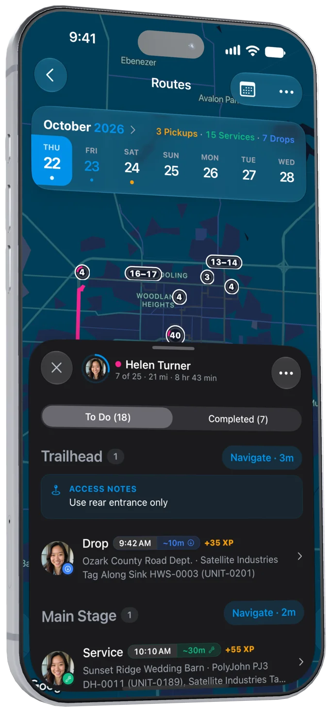 DropHaul driver route on iPhone, where the crew taps en route, arrived, and complete