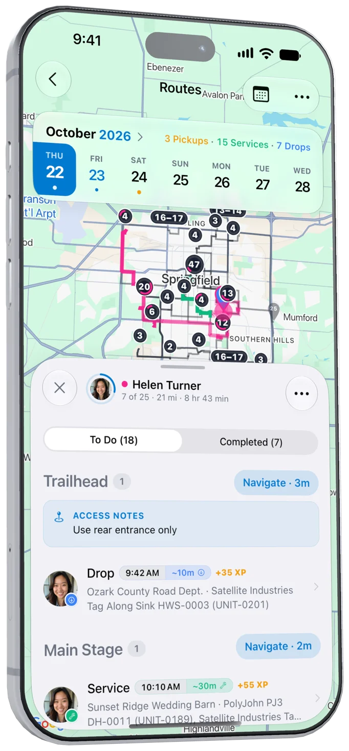 DropHaul driver route on iPhone, where the crew taps en route, arrived, and complete