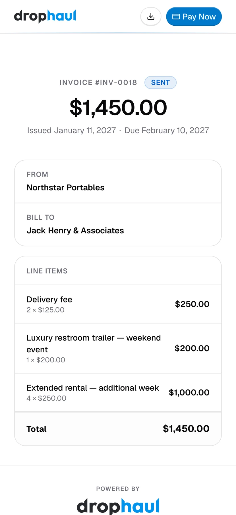 The online payment page for invoice INV-0018 with a Pay Now button