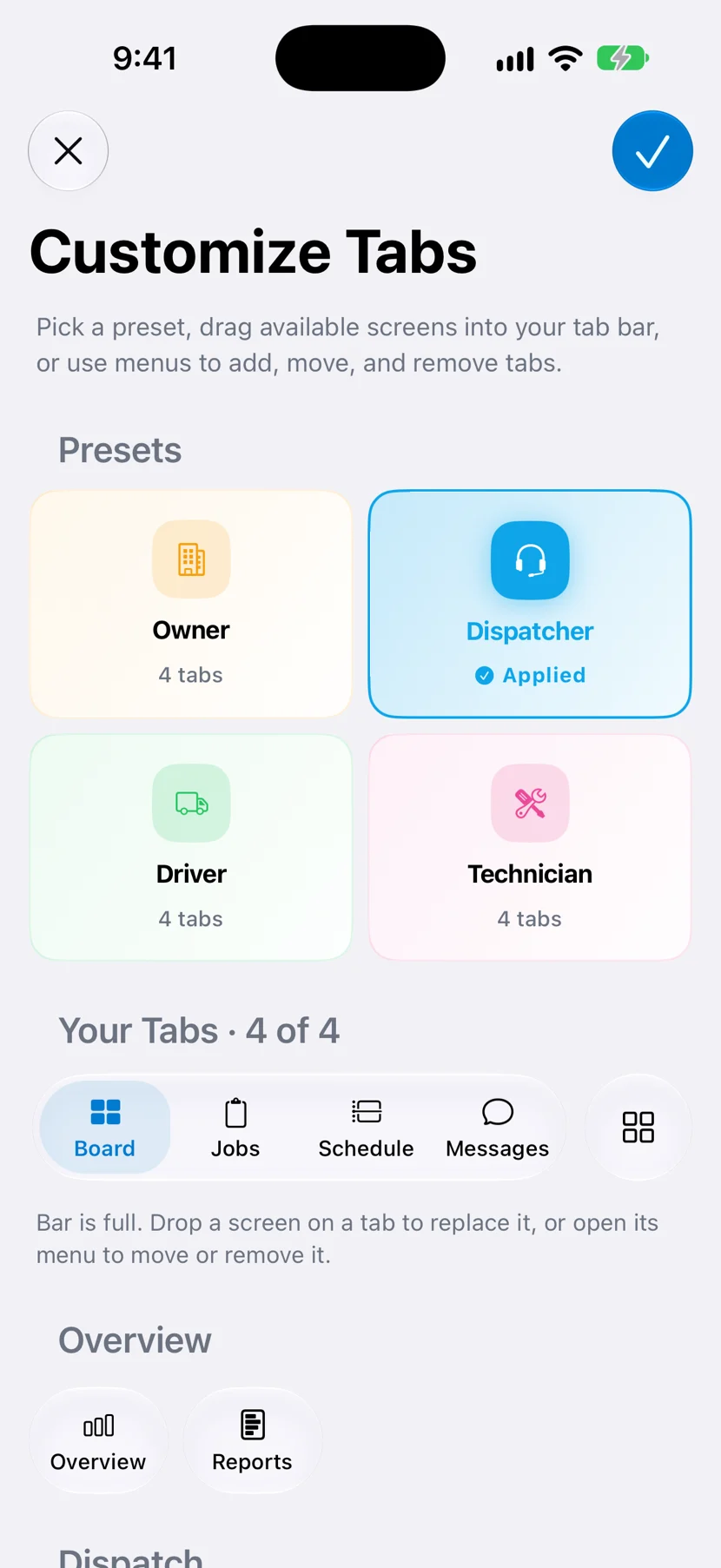 Customize Tabs in DropHaul with the Dispatcher preset applied