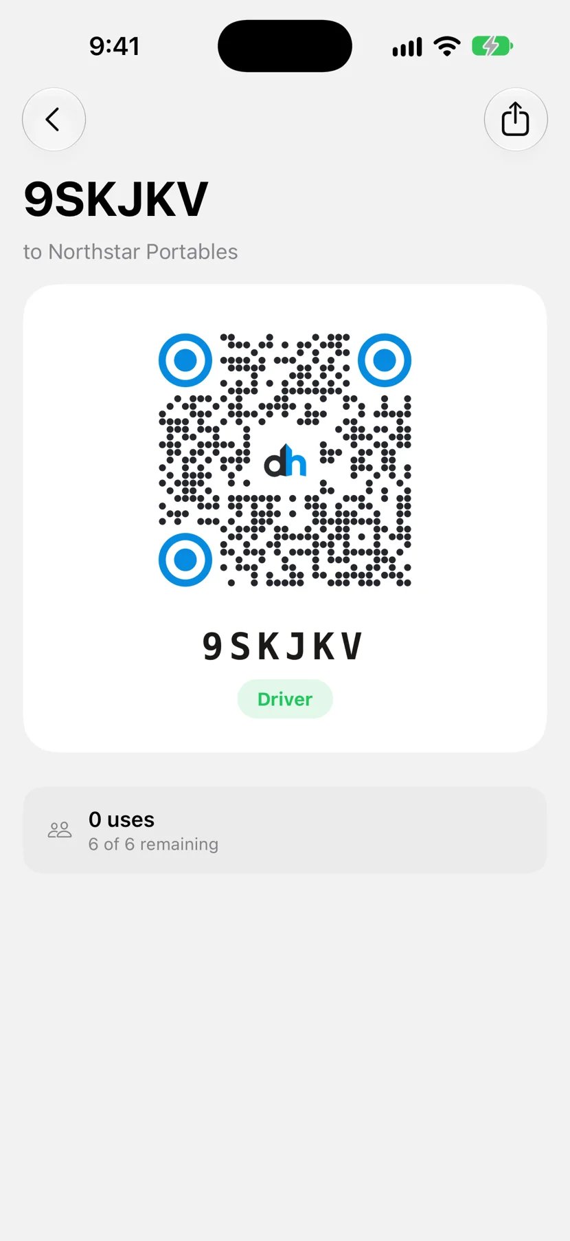 A DropHaul driver invite with its QR code and six uses remaining