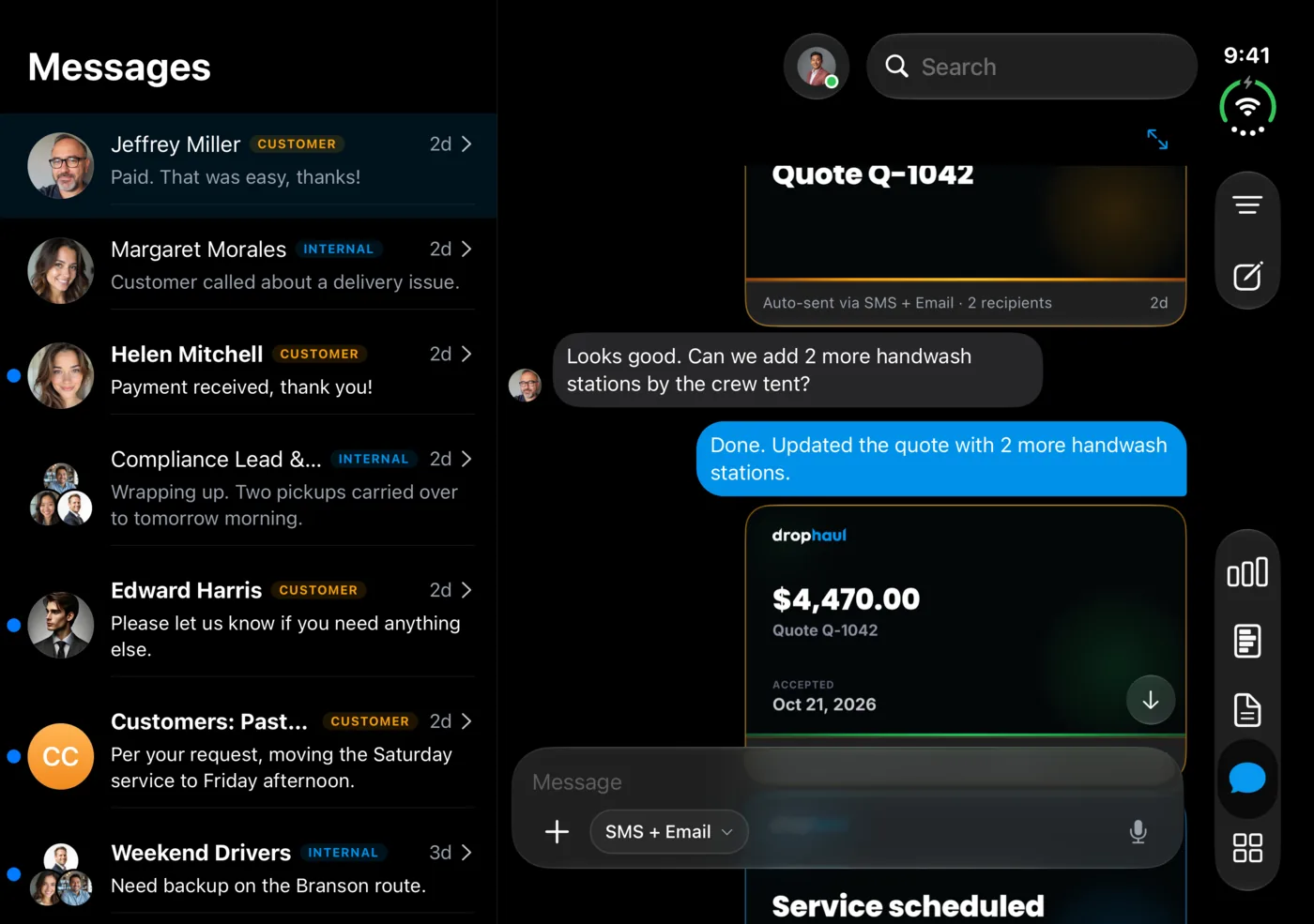 DropHaul messages open on iPhone Duo, with the conversation list beside a customer chat