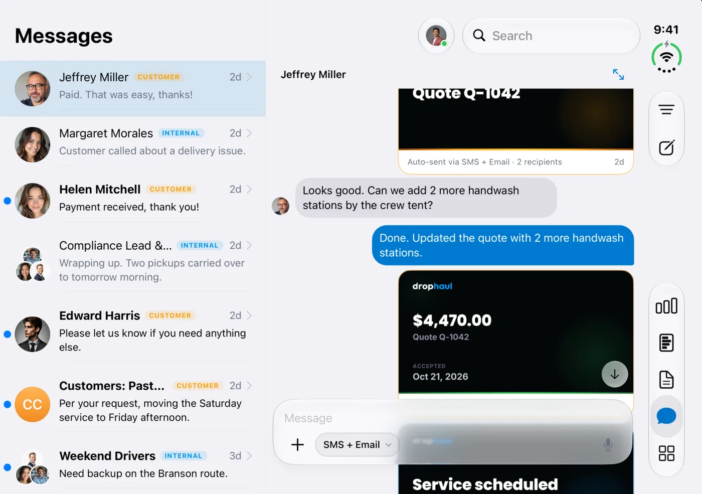 DropHaul messages open on iPhone Duo, with the conversation list beside a customer chat
