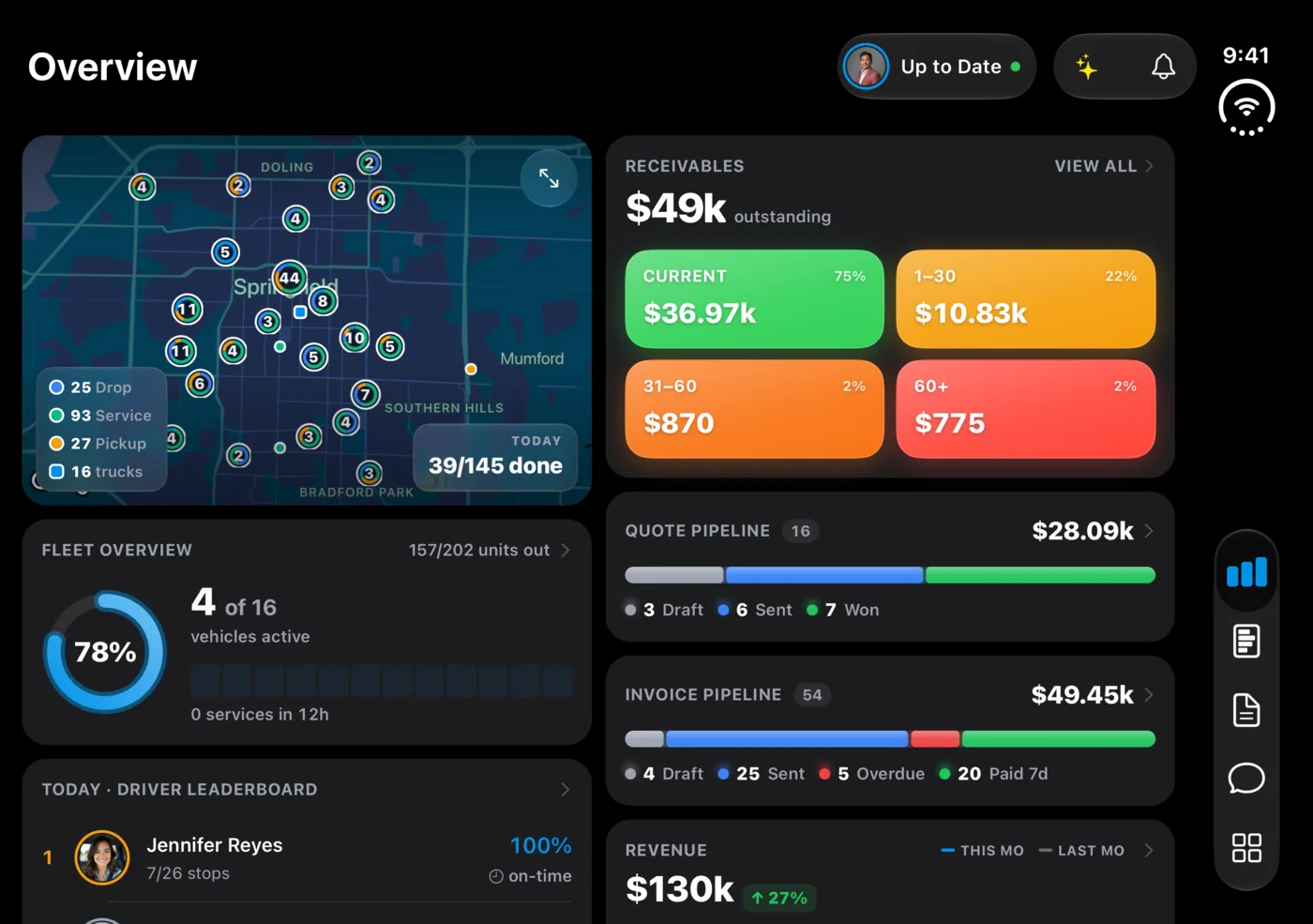 DropHaul overview open on iPhone Duo, with the fleet map and receivables side by side