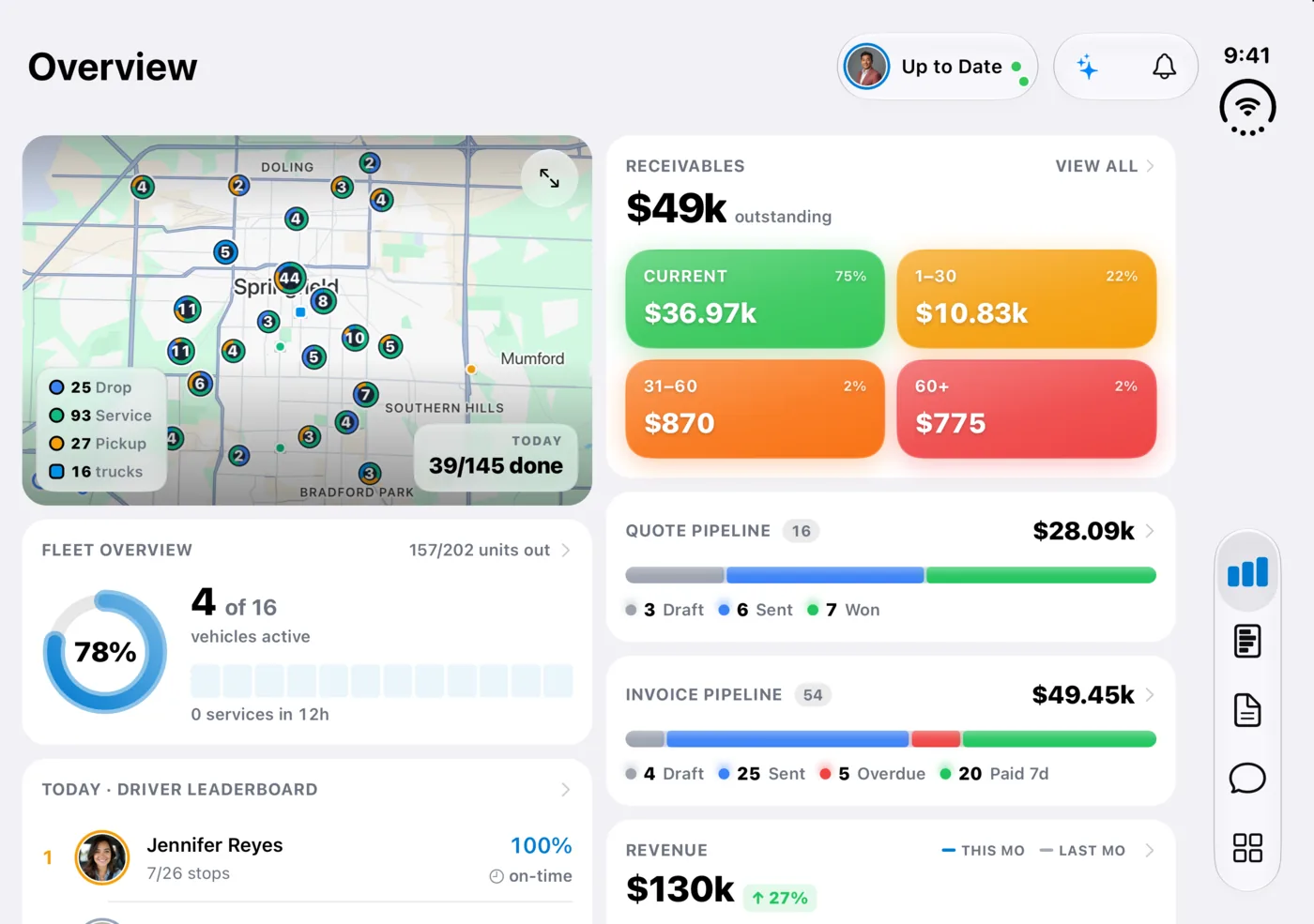 DropHaul overview open on iPhone Duo, with the fleet map and receivables side by side