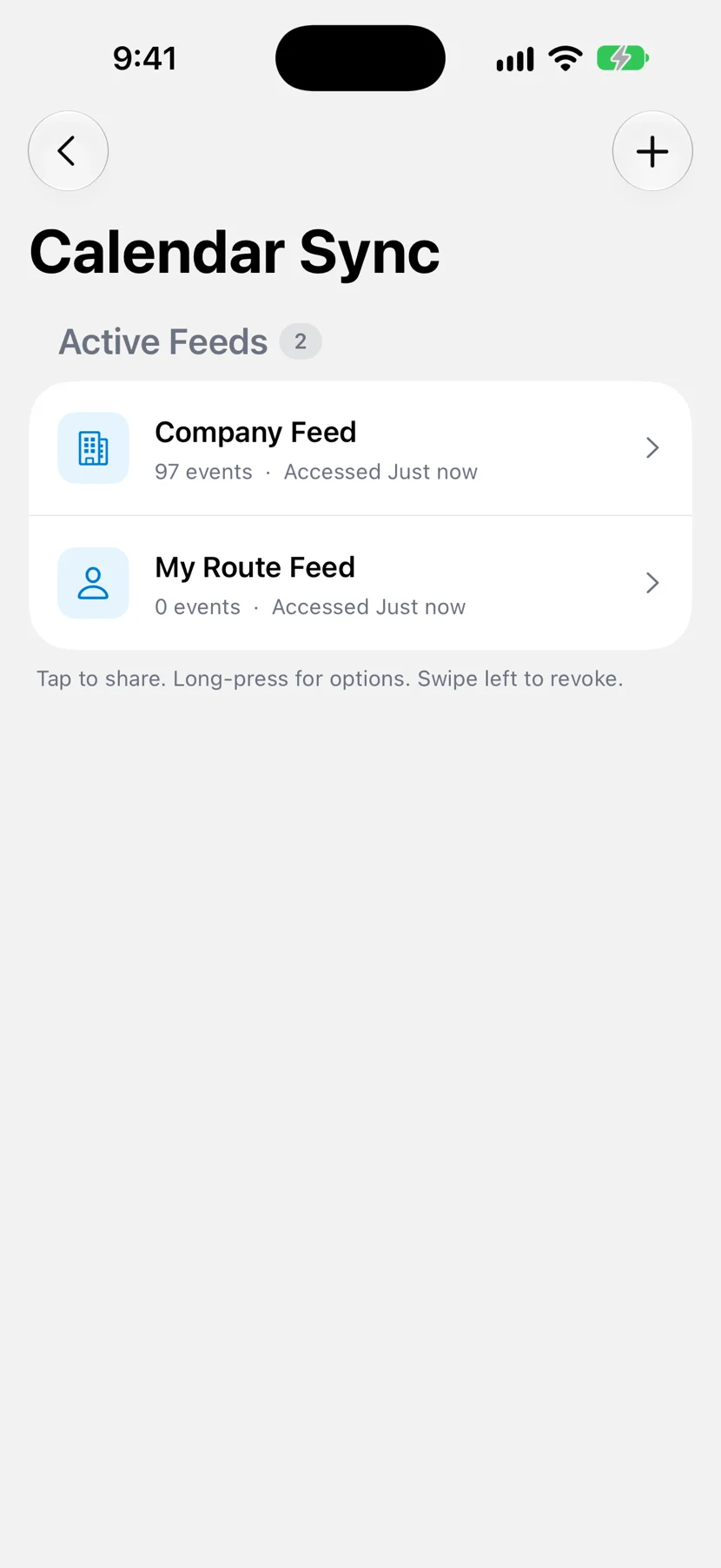 Calendar Sync in DropHaul with an active company feed of 97 events and a My Route feed
