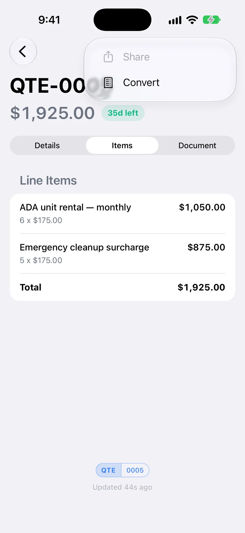 Quote QTE-0005 in DropHaul with the Convert action open
