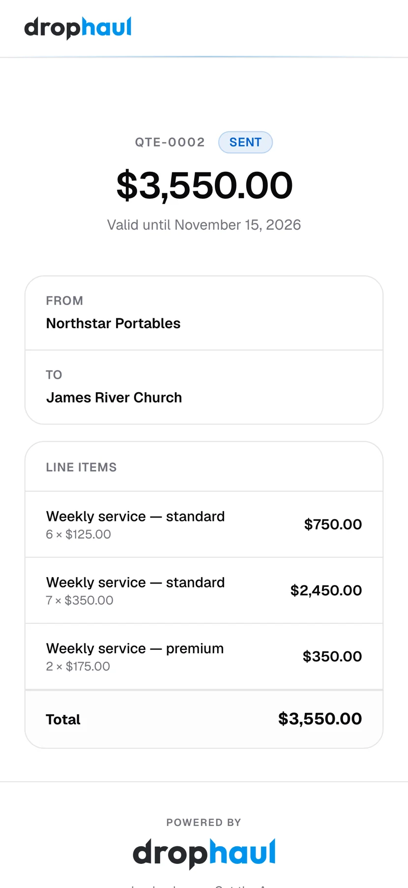 The public link for quote QTE-0002 showing line items and a total of $3,550