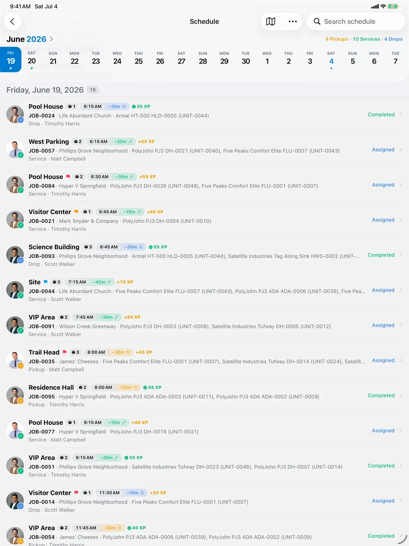 The day's dispatch schedule with jobs grouped by driver on iPadOS