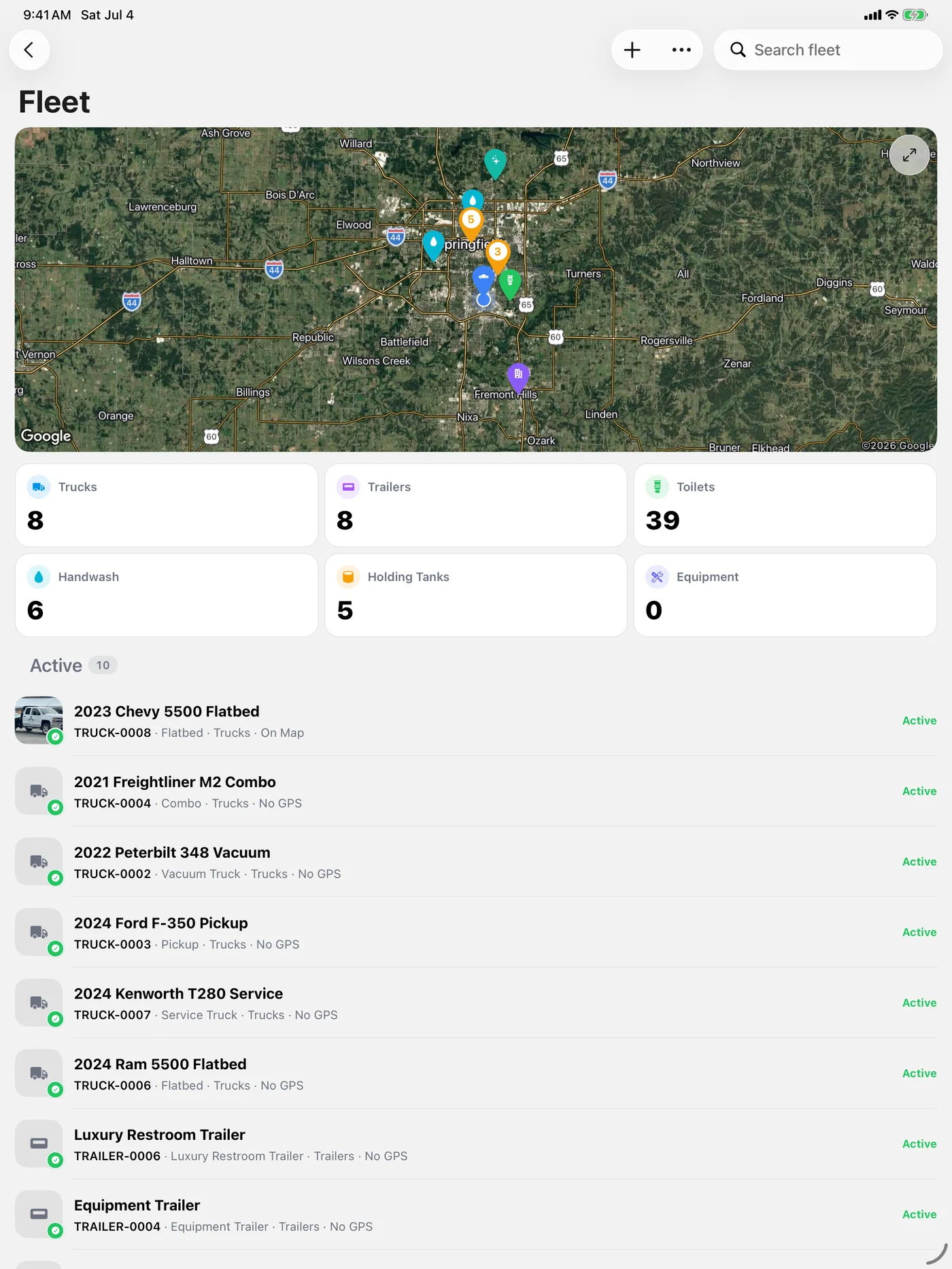 Fleet vehicles and customer-site units organized in one workspace on iPadOS