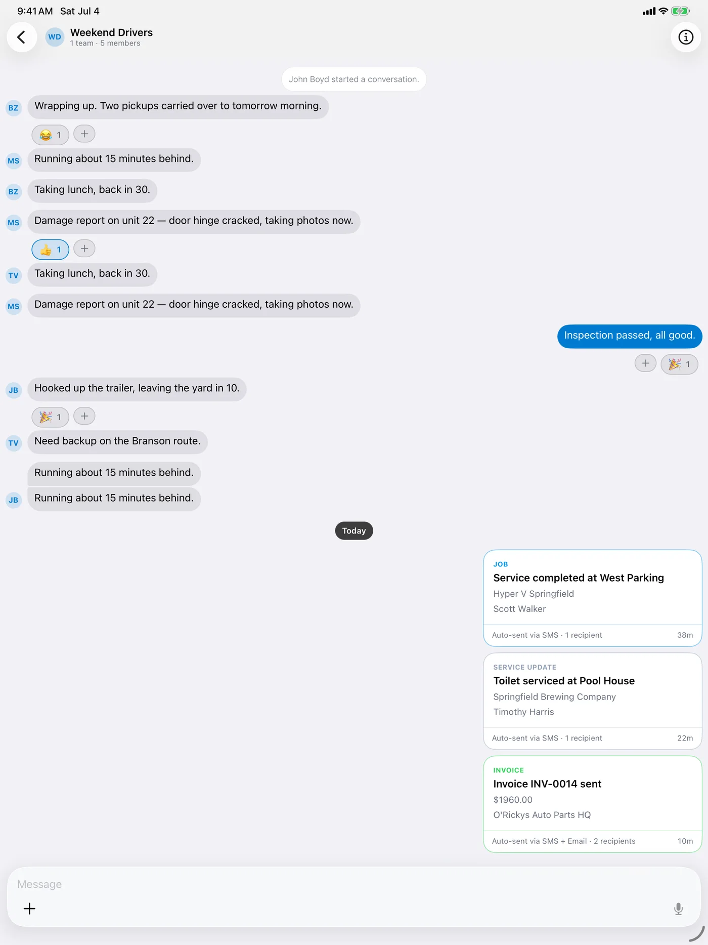 Internal team chat channel with reactions on iPadOS